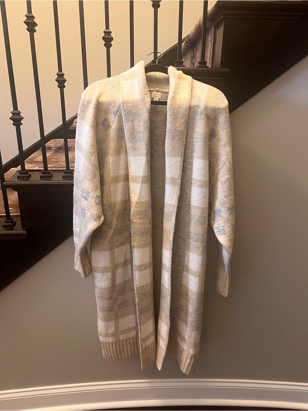 a new day Beige and White Open-Front Plaid Cardigan Sweater
